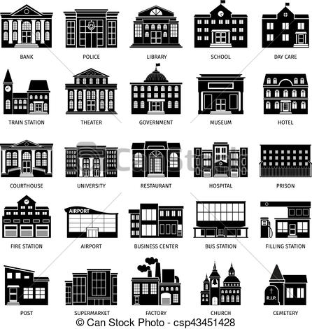 446x470 Government Building Black Icons. City Hospital And Restaurant