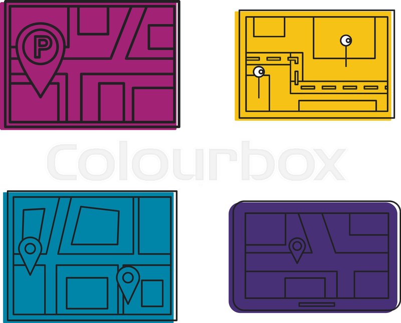 800x645 Gps Map Icon Set. Color Outline Set Of Gps Map Vector Icons For