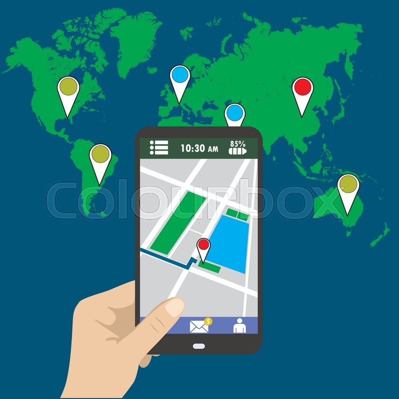 800x800 Hand Holding Smart Phone, Gps Map On Mobile, Flat Design. Stock