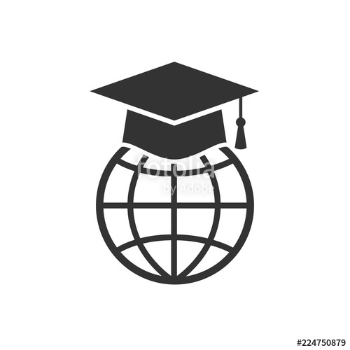 500x500 E Learning Concept Icon. Graduation Cap With Globe Symbol Flat
