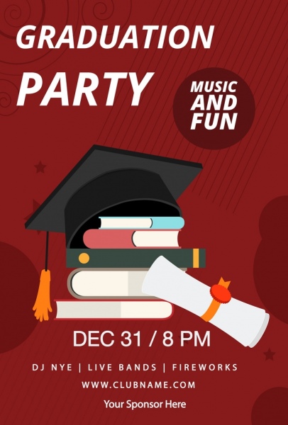 406x600 Graduation Party Banner Book Diploma Cap Icons Decor Free Vector