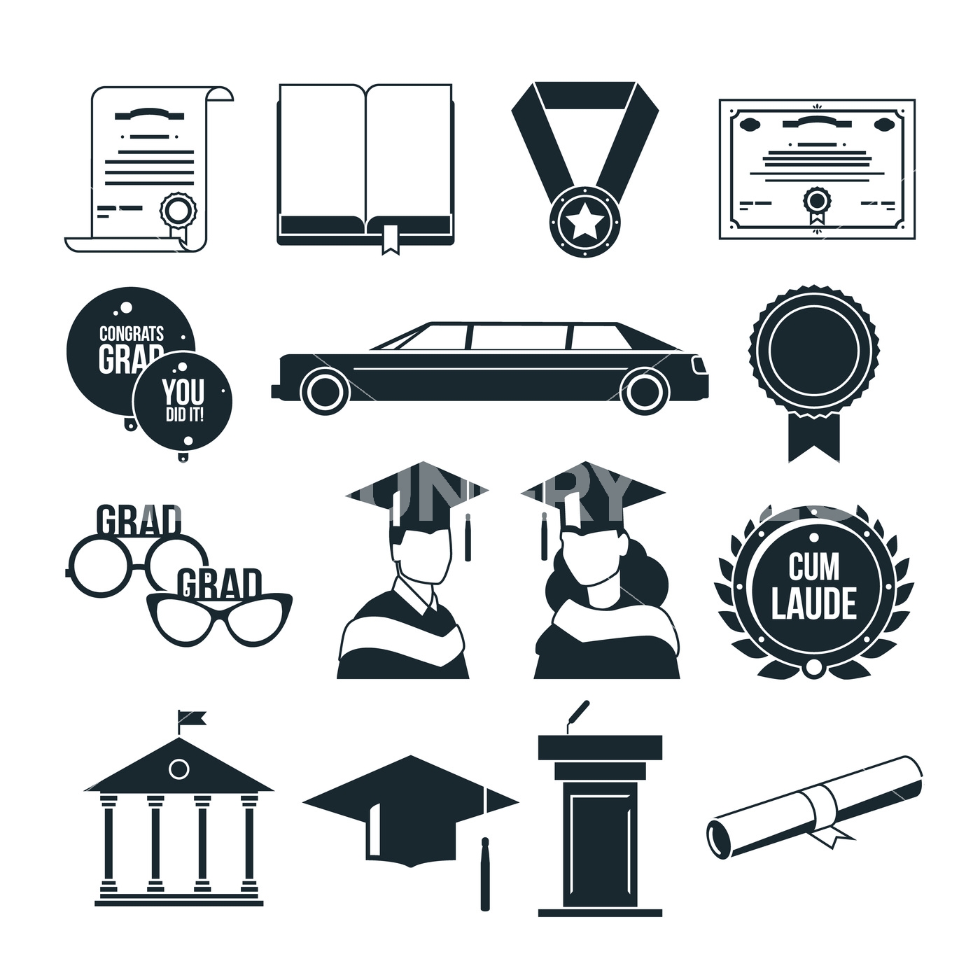 1400x1400 Students Graduation Party In Monochrome Style. Black Vector Icons