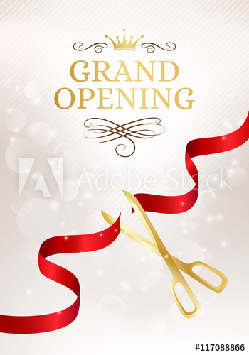 350x500 Grand Opening Banner With Cut Red Ribbon And Gold Scissors.