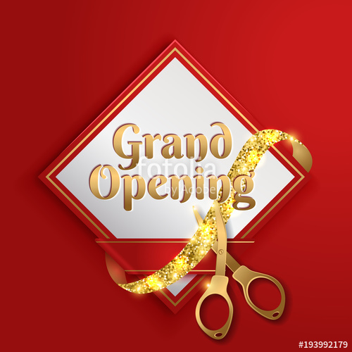 500x500 Grand Opening Vector Background. Scissors Cutting Red Ribbon
