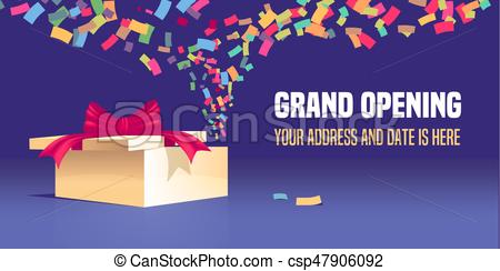 450x244 Grand Opening Vector Banner. Box With Red Ribbon And Festive Swirl