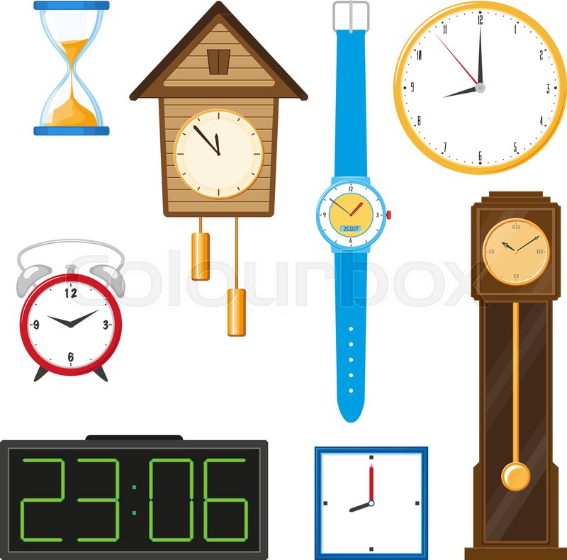 800x790 Vector Flat Types Of Clocks Set. Digital Wall Mounted Clock