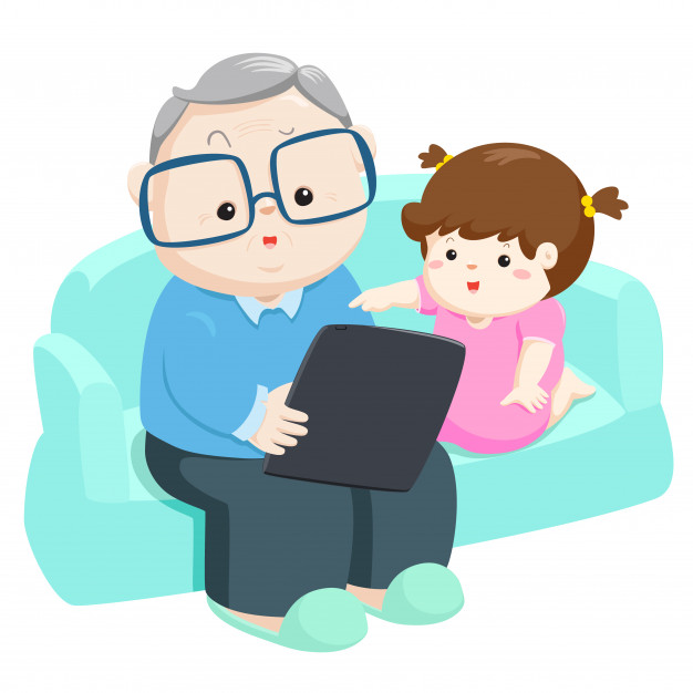 626x626 Niece Play Tablet With Grandpa Vector Illustration. Vector