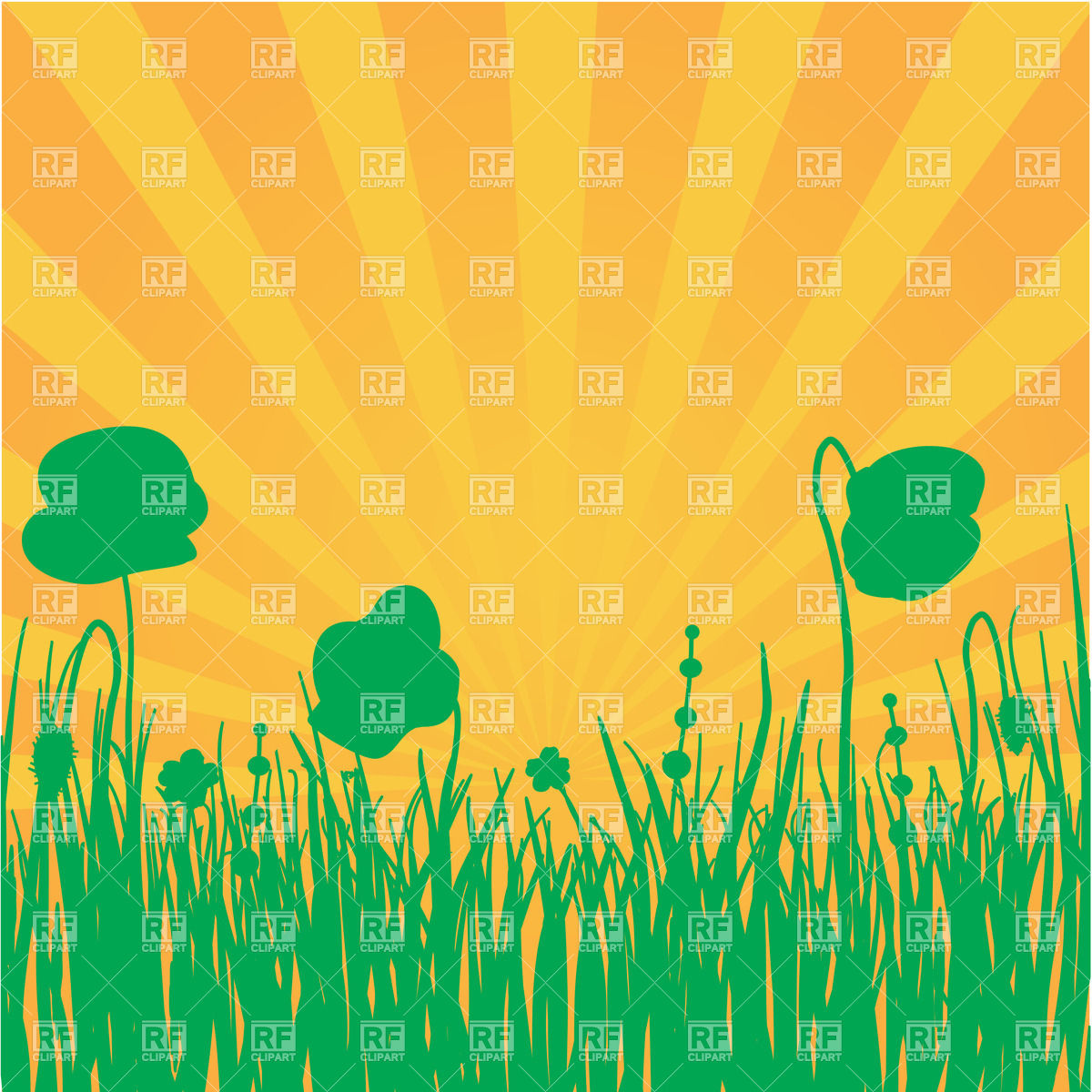 1200x1200 Hand Drawn Flowers And Blades Of Grass Against Sunrise Vector