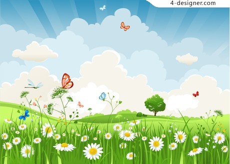 460x328 4 Designer Spring Flowers And Green Grass Vector Material