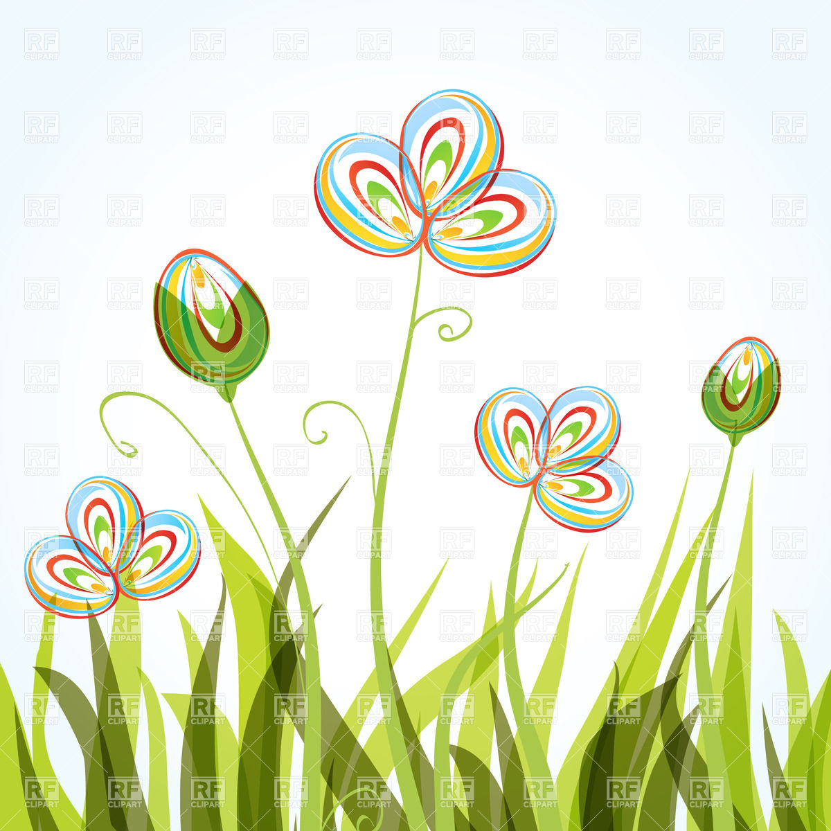1200x1200 Stylized Oval Flowers In Green Grass Vector Image Vector Artwork