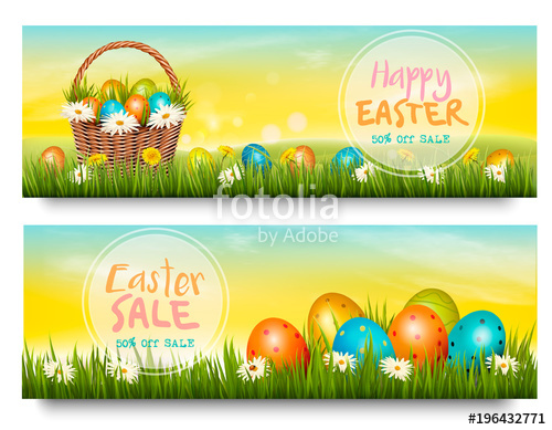 500x389 Two Easter Sale Banners. Colorful Eggs In Green Grass. Vector