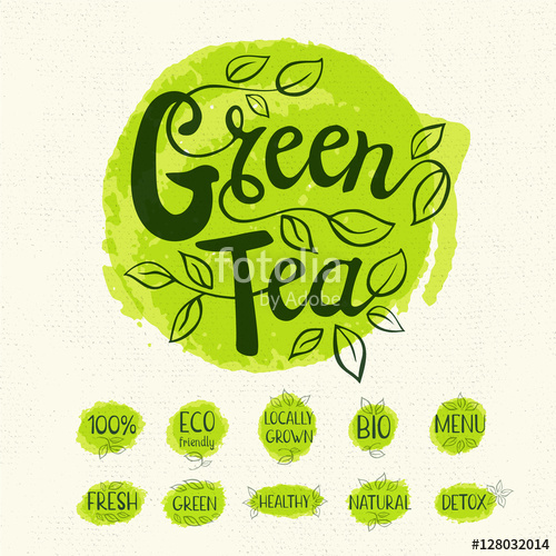 500x500 Green Tea Logo, Lettering Design, Calligraphy Logotype, Leaf, Set