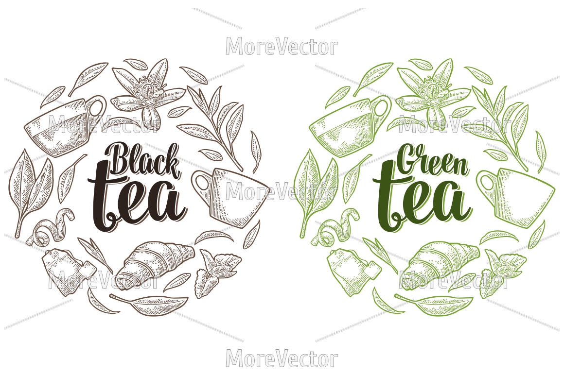 1160x772 Set With Lettering Black Green Tea. Vector Vintage Engraving By