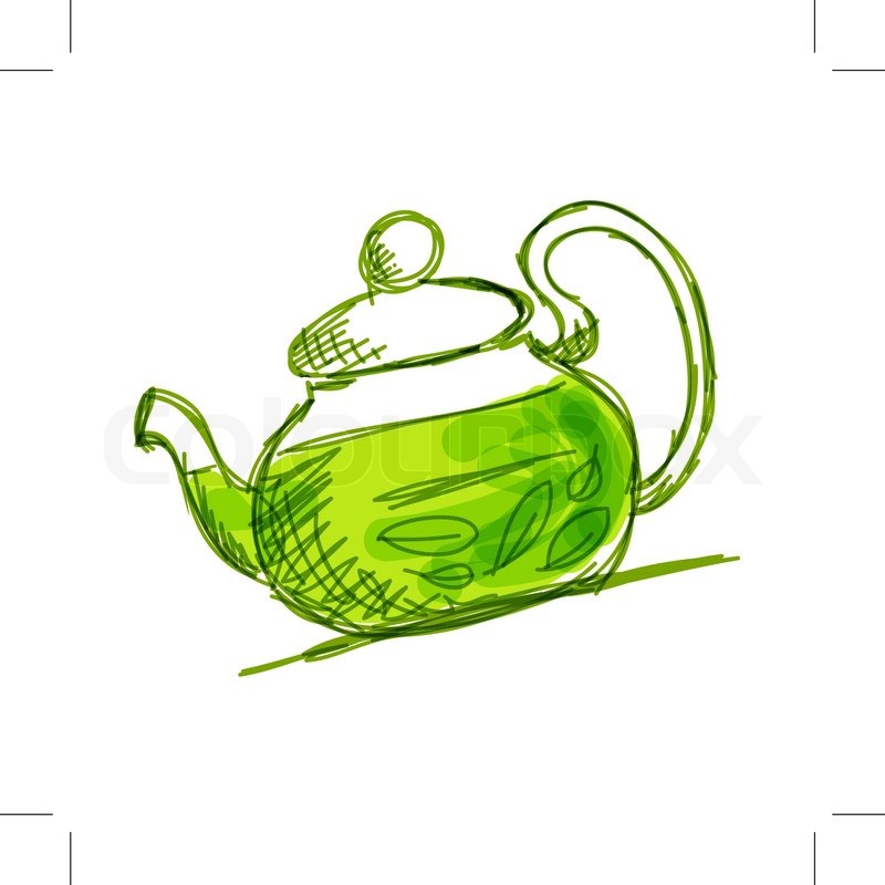 800x800 Teapot Sketch With Green Tea For Your Design Stock Vector