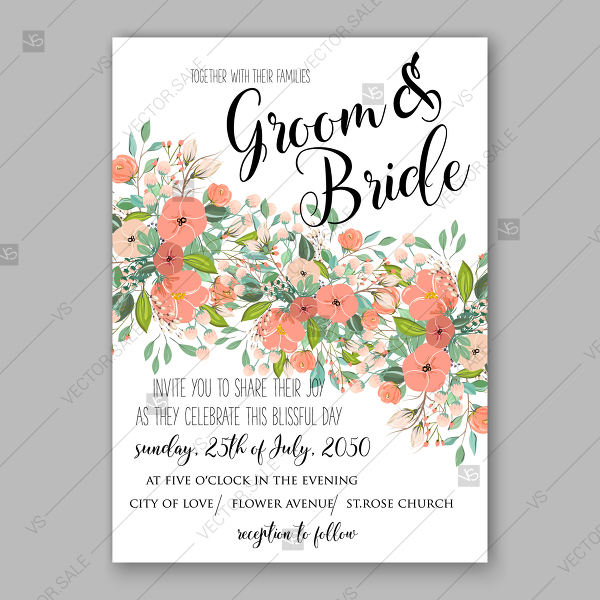 600x600 Wedding Invitation Peach Flower Greenery Vector Template