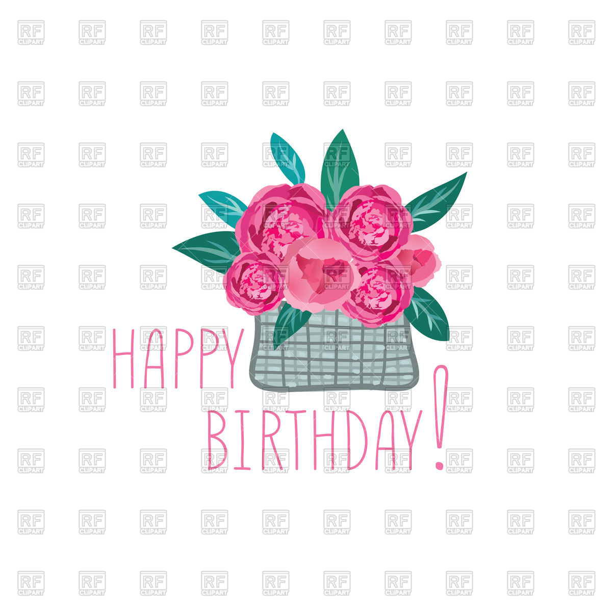1200x1200 Flowers In Basket. Happy Birthday Greeting Card. Vector Image