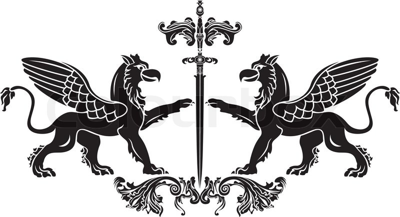 800x435 Griffin With Sword Stencil. Vector Illustration For Web Stock