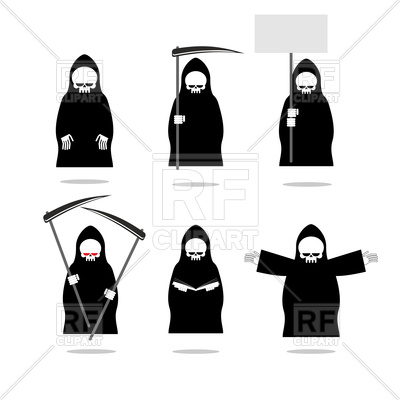400x400 Set Of Deaths In Overalls. Grim Reaper In Different Poses. Vector