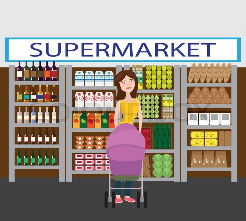 800x720 Mother With Her Baby In The Stroller. Shopping In Supermarket