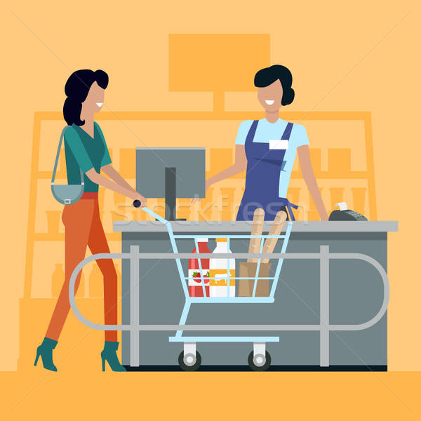 600x600 Shopping In Grocery Store Vector Illustration. Vector Illustration