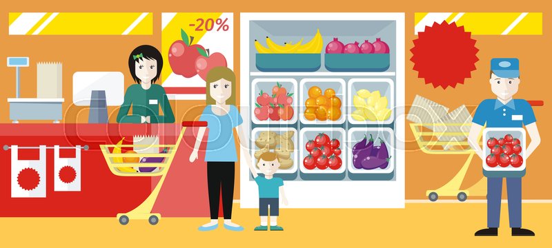 800x360 Shopping In Supermarket Concept. Flat Design. Mother With Child