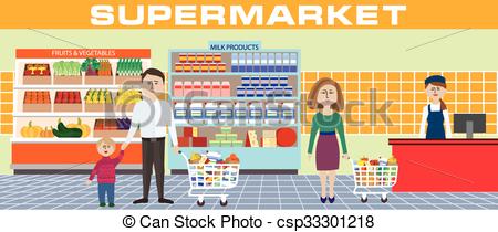 450x210 Family In Supermarket. Color Illustration Of A Family Shopping In