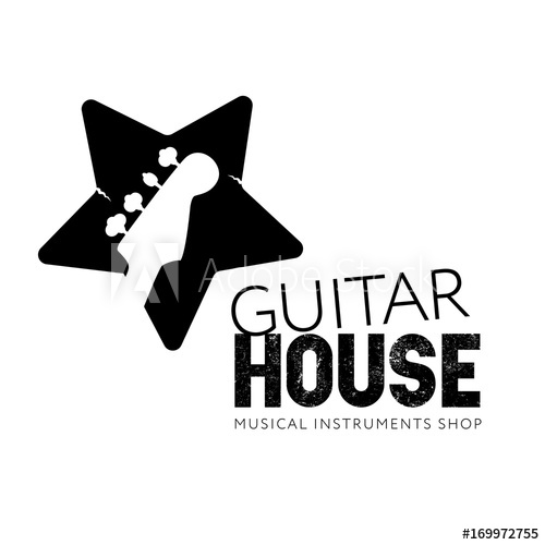 500x500 Guitar House. Musical Instruments Shop Logo. Bass Guitar Neck