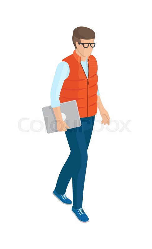 489x800 Man In Red Sleeveless Jacket, Blue Jeans And Shoes With Laptop In