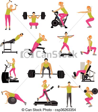 411x470 Fitness And Workout Exercise In Gym. Vector Set Of Icons Flat