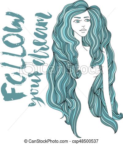 401x470 Women With Blue Long Hair. Girl Face On White Background. Vector