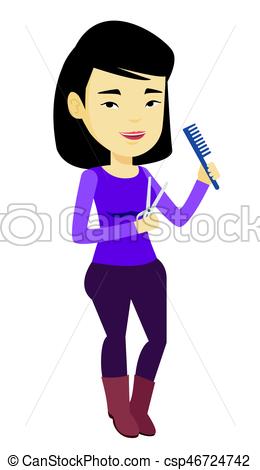 260x470 Hairstylist Holding Comb And Scissors In Hands. Professional Asian