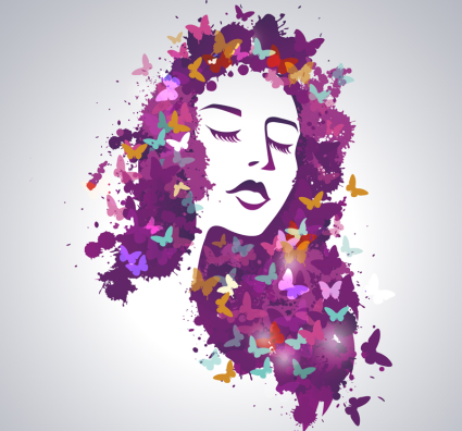 425x396 Watercolor Butterfly Girl With Long Hair Vector Material Free