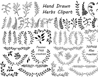 340x270 Hand Drawn Herbs Clipart Leaves Clip Art Herbs Silhouette Etsy