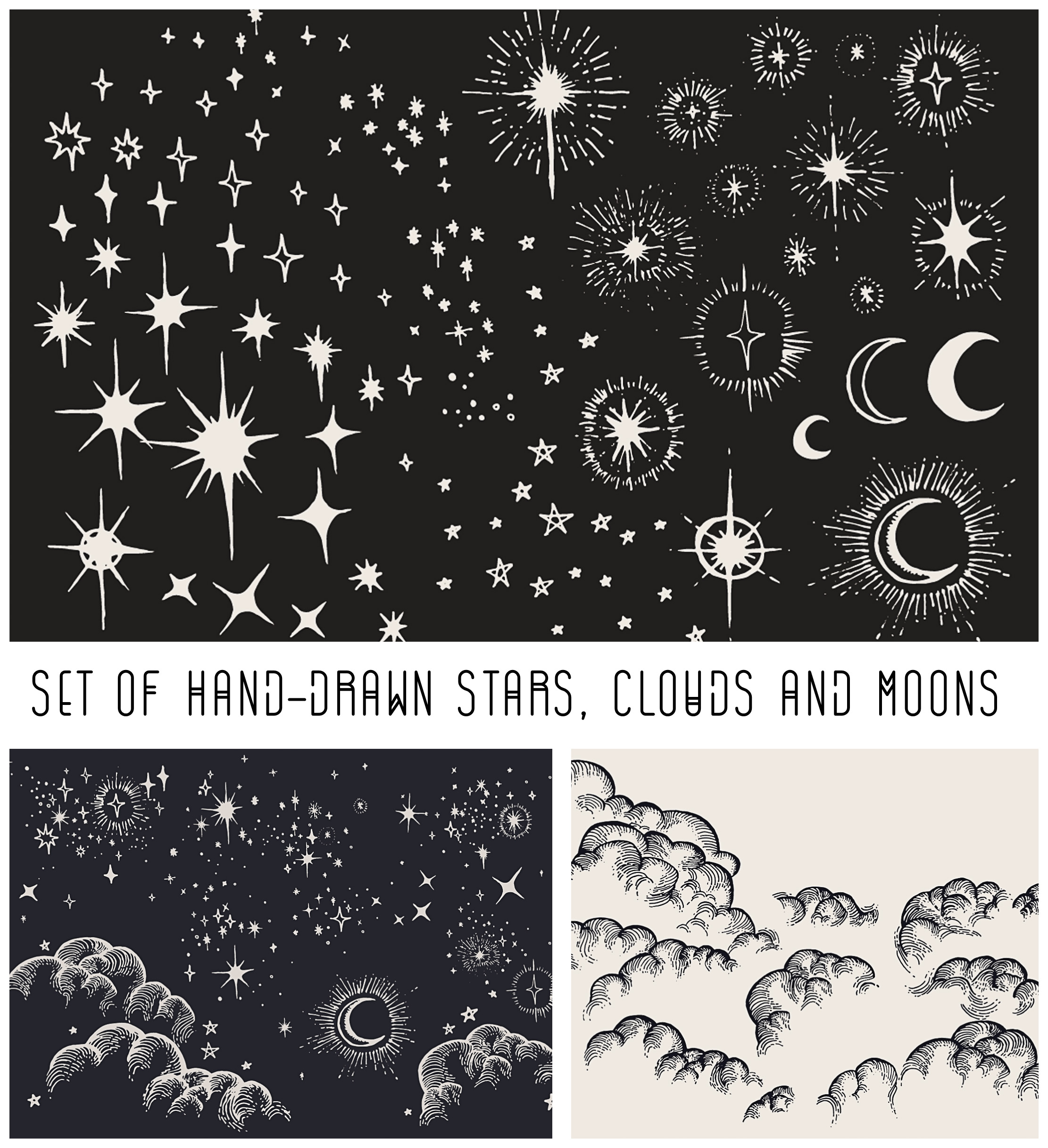 2222x2433 Hand Drawn Moon, Cloud And Stars Vector Set Free Download