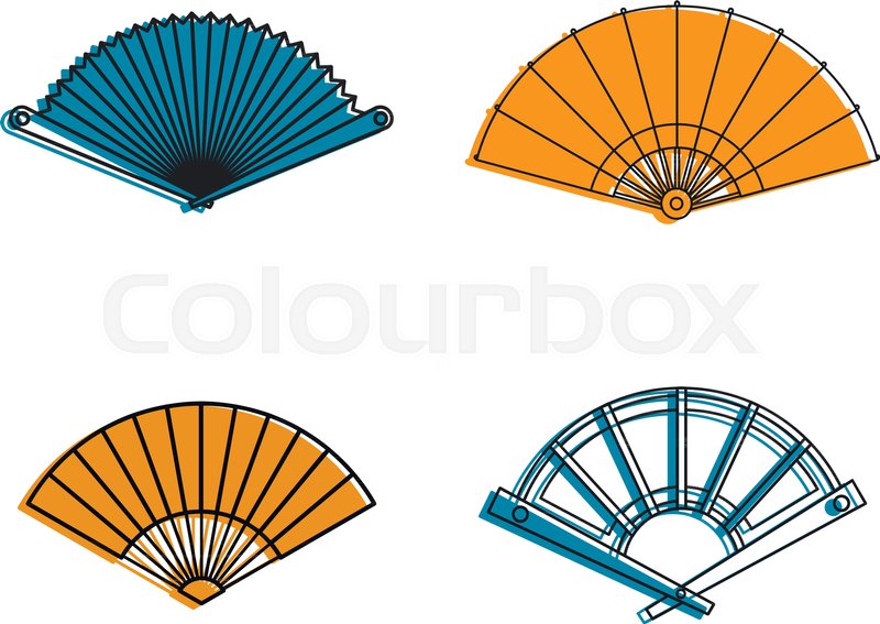 800x567 Hand Fan Icon Set. Color Outline Set Of Hand Fan Vector Icons For