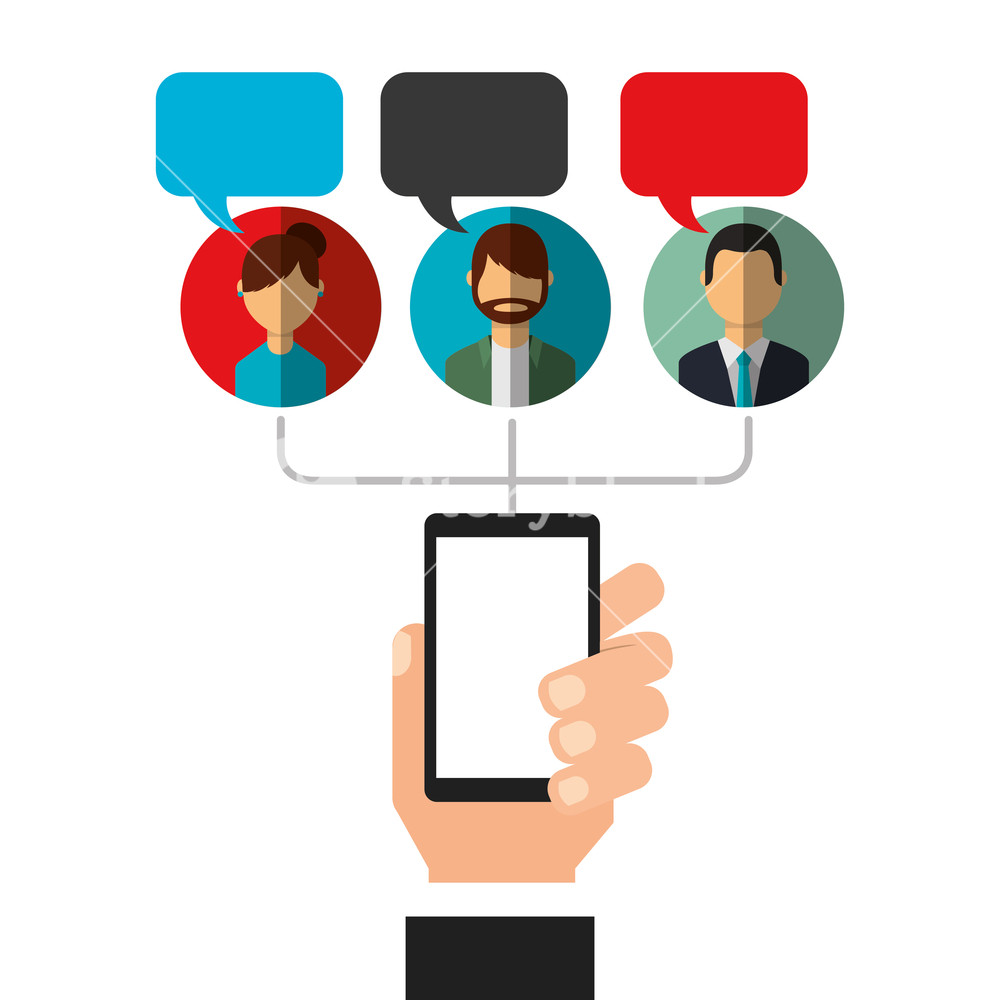 1000x1000 Hand Holding Phone Bubbles Speak People Social Media Vector