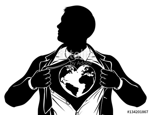 500x381 Globe Heart Business Superhero Tearing Shirt Chest Stock Image