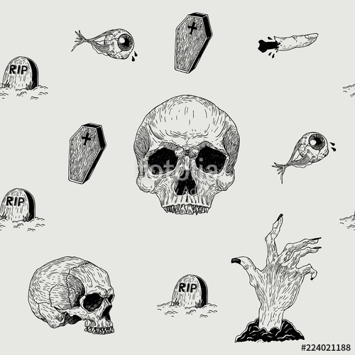 500x500 Vector Seamless Hand Drawn Vintage Horror Pattern With Skulls