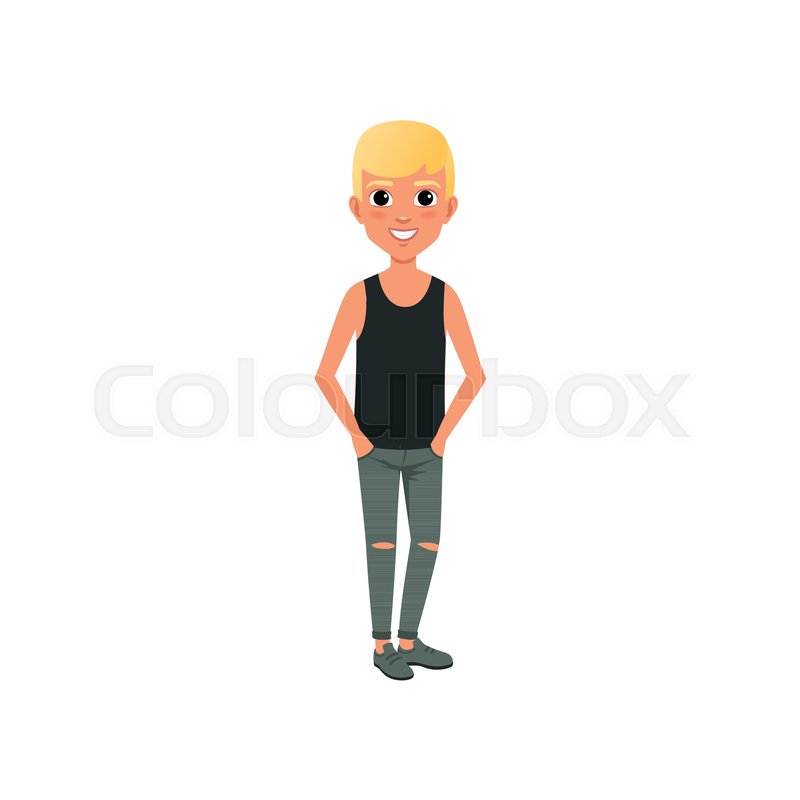 800x800 Blond Boy In Black Shirt And Ripped Gray Jeans. Cartoon Kid