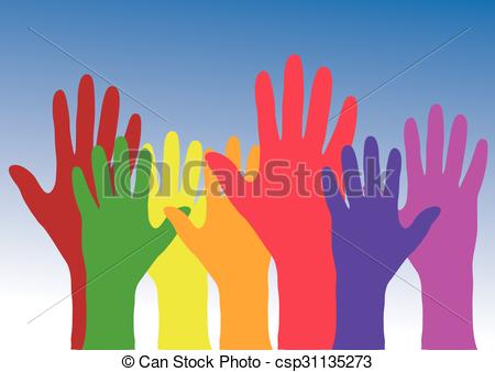450x338 Vector, Colorful Hands Up Against Blue And White Background.