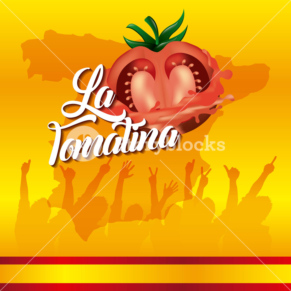 1000x1000 La Tomatina Yellow Background Festival People Hands Up Vector