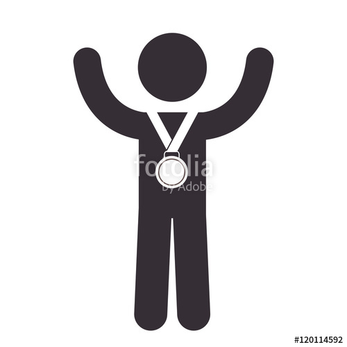 500x500 Winner Man With Award Medal Holding And Hands Up. Vector