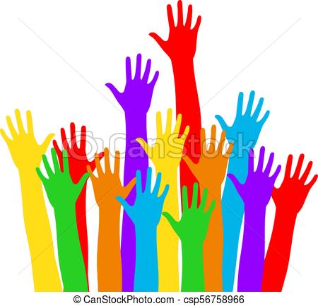 450x433 Colorful Hand Up Vector. Multi Color Hands Raised Up Waiting For Help.