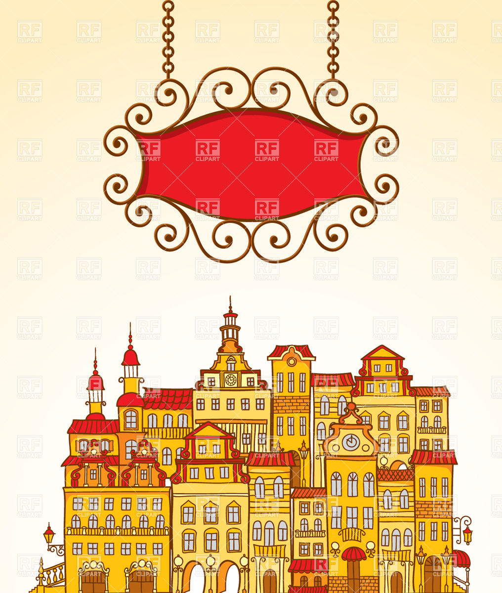 1016x1200 Cartoon Hand Drawn Town View With Hanging Sign Vector Image