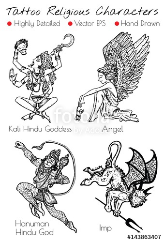 339x500 Tattoo Set With Hand Drawn Religious Characters Kali, Angel, Imp