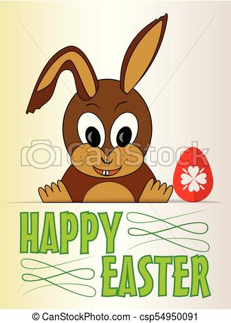 336x470 Cute Easter Bunny With Red Egg, Cartoon On Old Beige Paper, Green