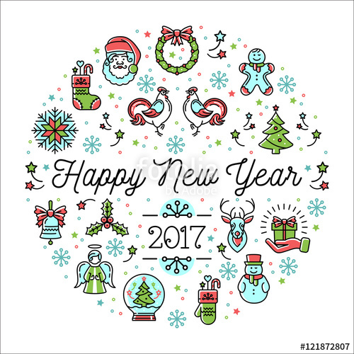 500x500 Happy New Year 2017 Design Template Linear Icons, Vector Trend