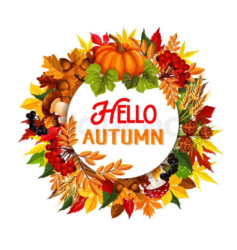 758x800 Hello Autumn Poster Of Fall Foliage, Maple Leaf Or Oak Acorn And