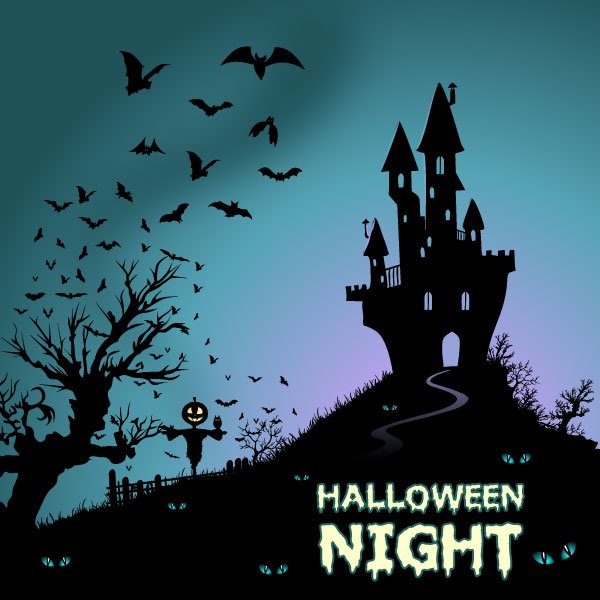 600x600 Free Happy Halloween Background With Haunted House And Bats Vector
