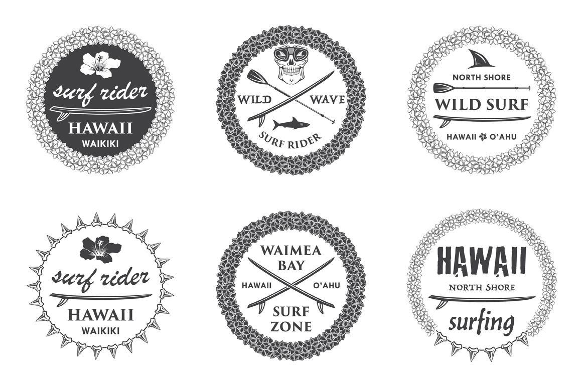 1160x772 Surfing Vector Emblem Set With Hawaiian Lei, Surfboard, Shark